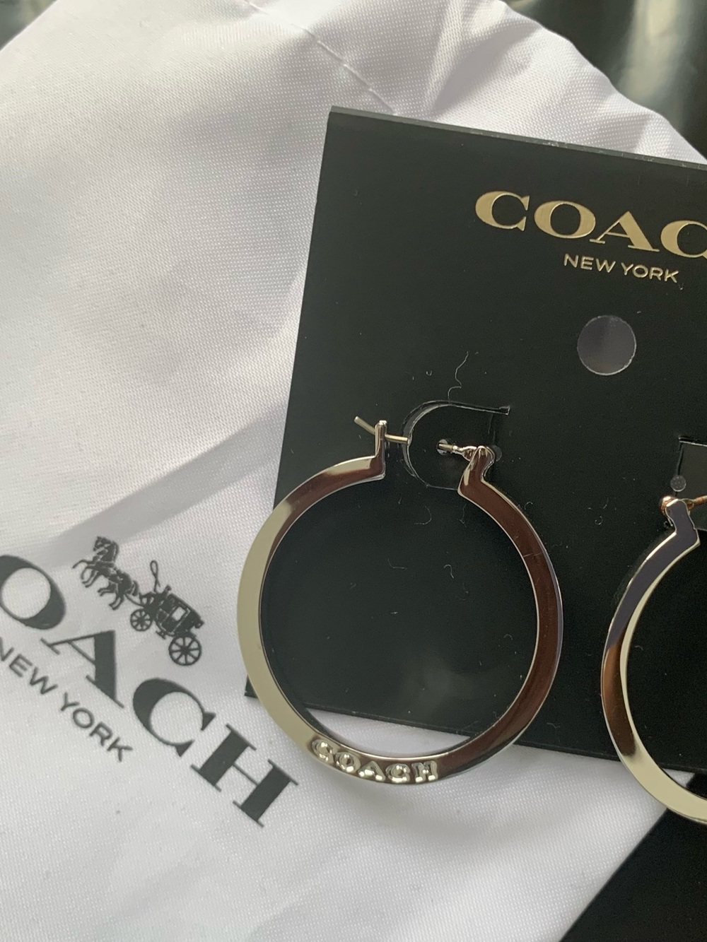 NWT COACH Silver Hoop Earrings - Signature Engraved - Picture 2 of 4